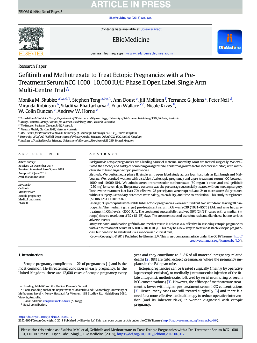 Gefitinib and Methotrexate to Treat Ectopic Pregnancies with a Pre-Treatment Serum hCG 1000-10,000â¯IU/L: Phase II Open Label, Single Arm Multi-Centre Trial