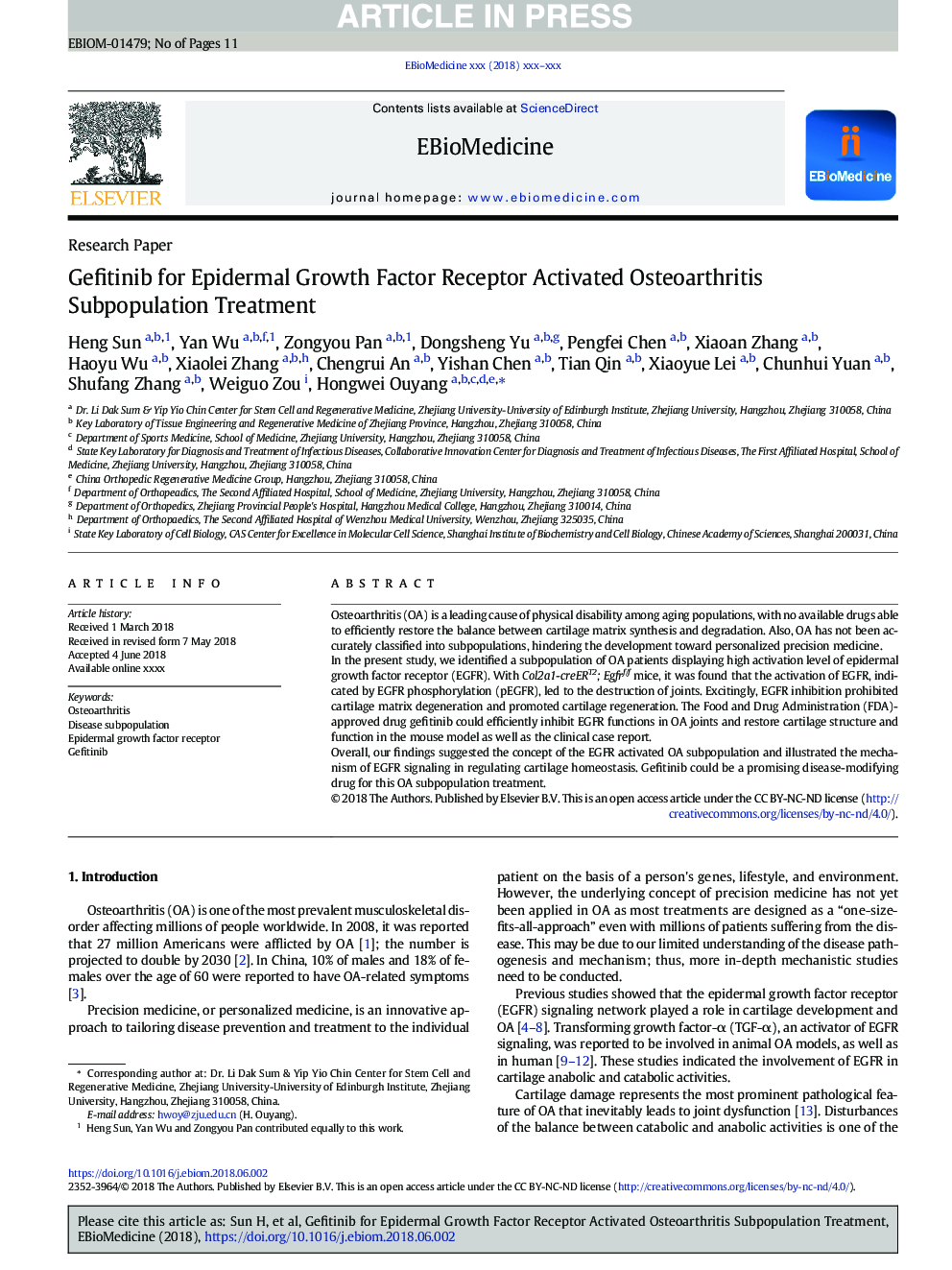 Gefitinib for Epidermal Growth Factor Receptor Activated Osteoarthritis Subpopulation Treatment