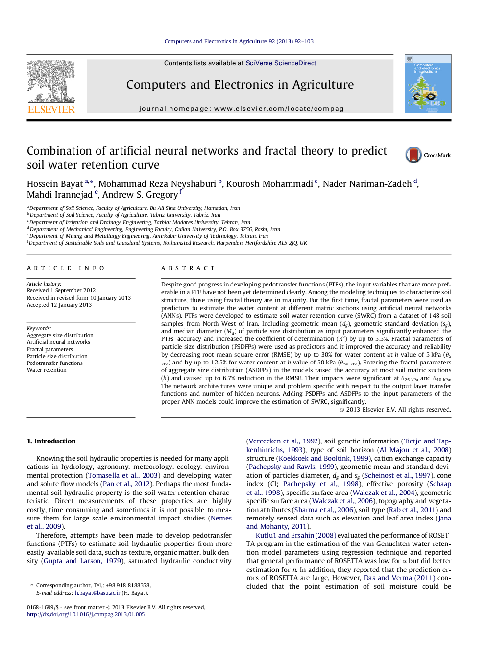 Combination of artificial neural networks and fractal theory to predict soil water retention curve