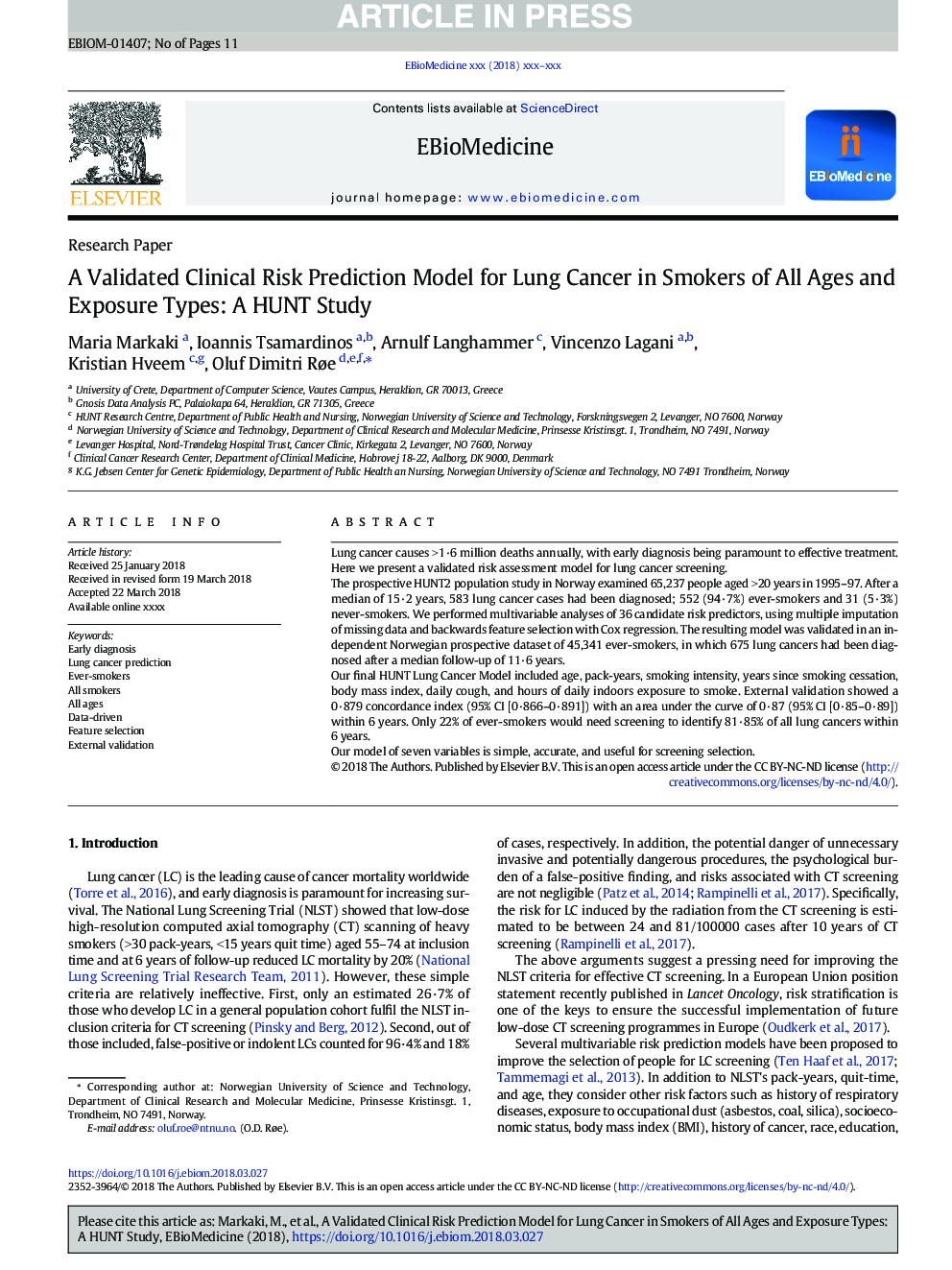 A Validated Clinical Risk Prediction Model for Lung Cancer in Smokers of All Ages and Exposure Types: A HUNT Study