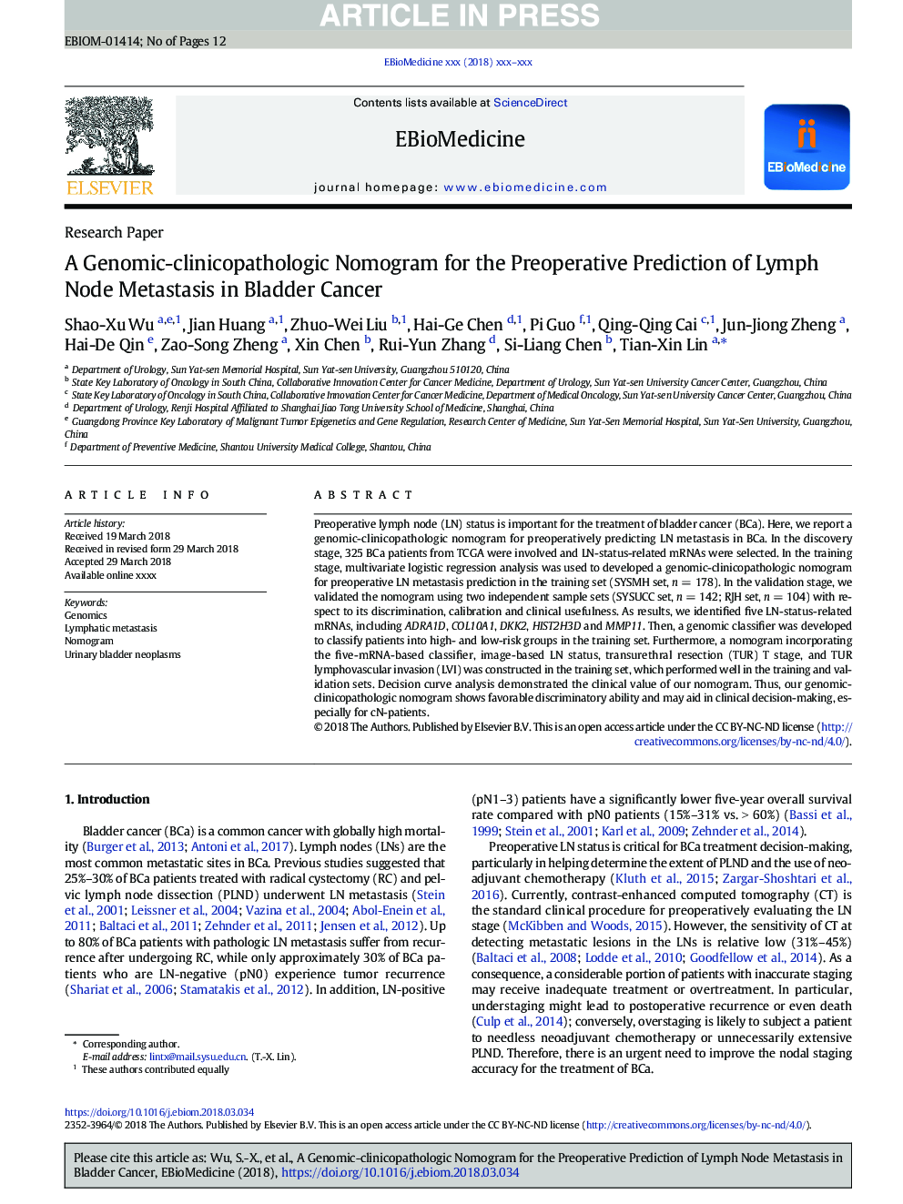 A Genomic-clinicopathologic Nomogram for the Preoperative Prediction of Lymph Node Metastasis in Bladder Cancer