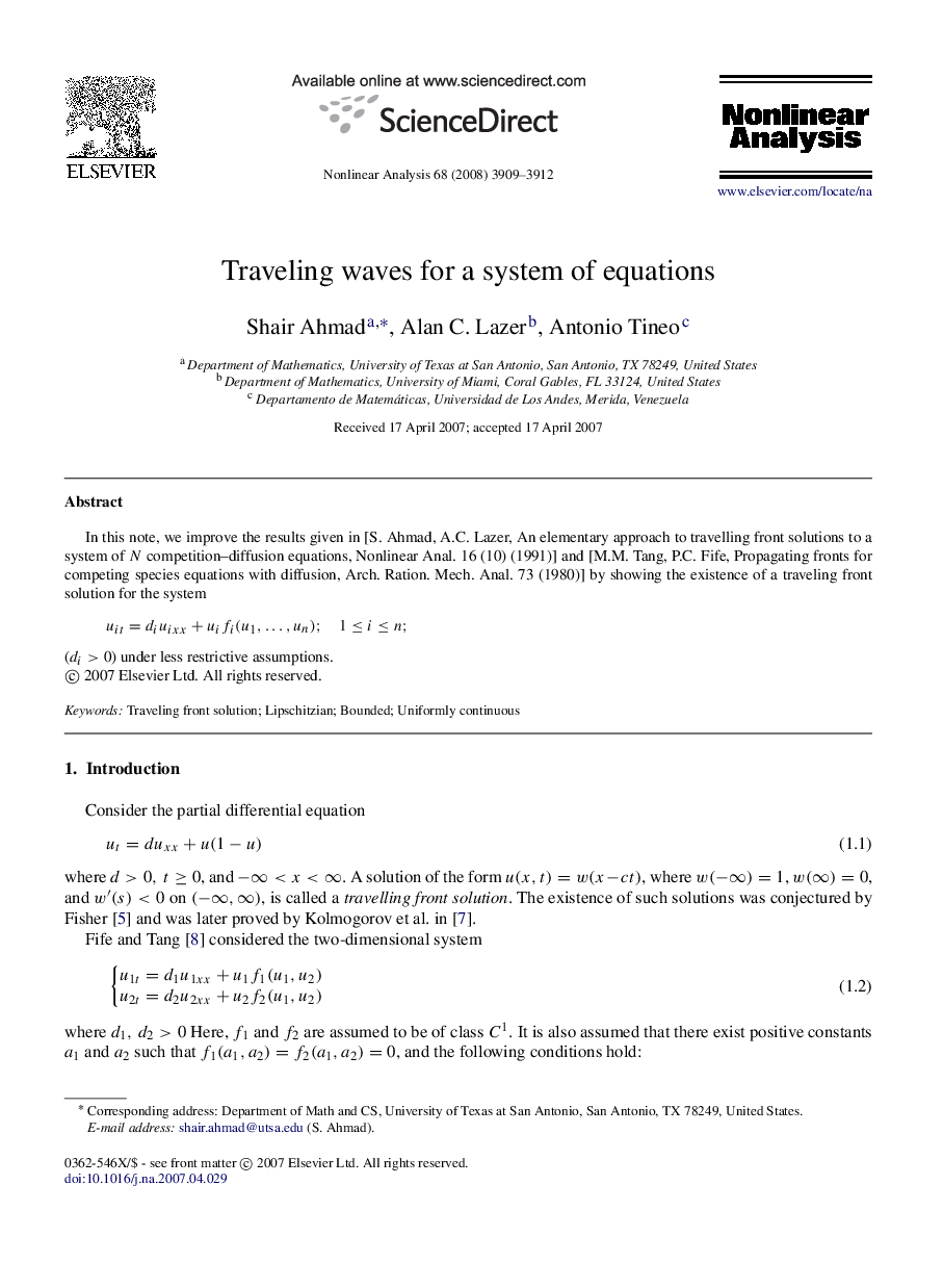 Traveling waves for a system of equations