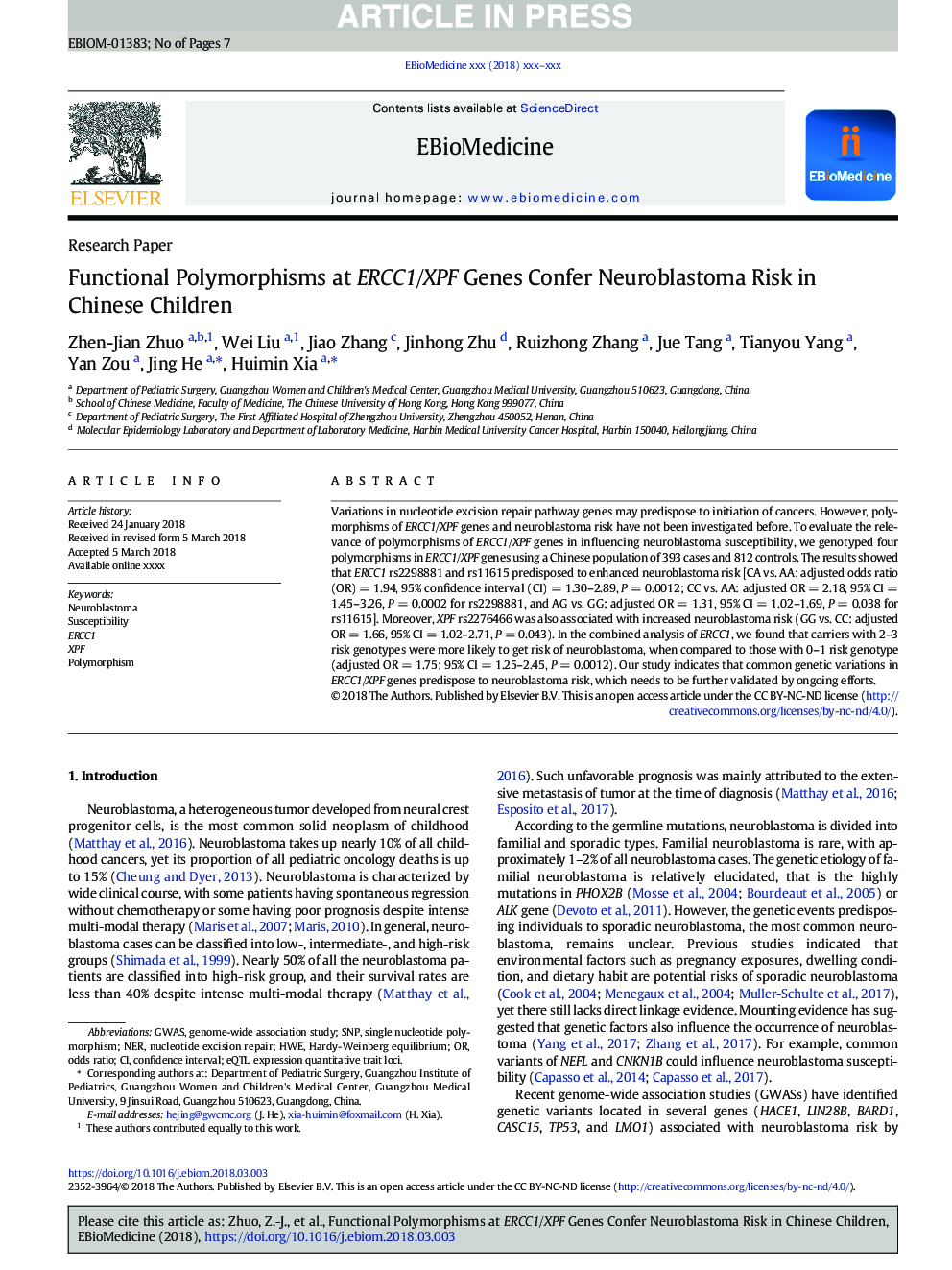 Functional Polymorphisms at ERCC1/XPF Genes Confer Neuroblastoma Risk in Chinese Children