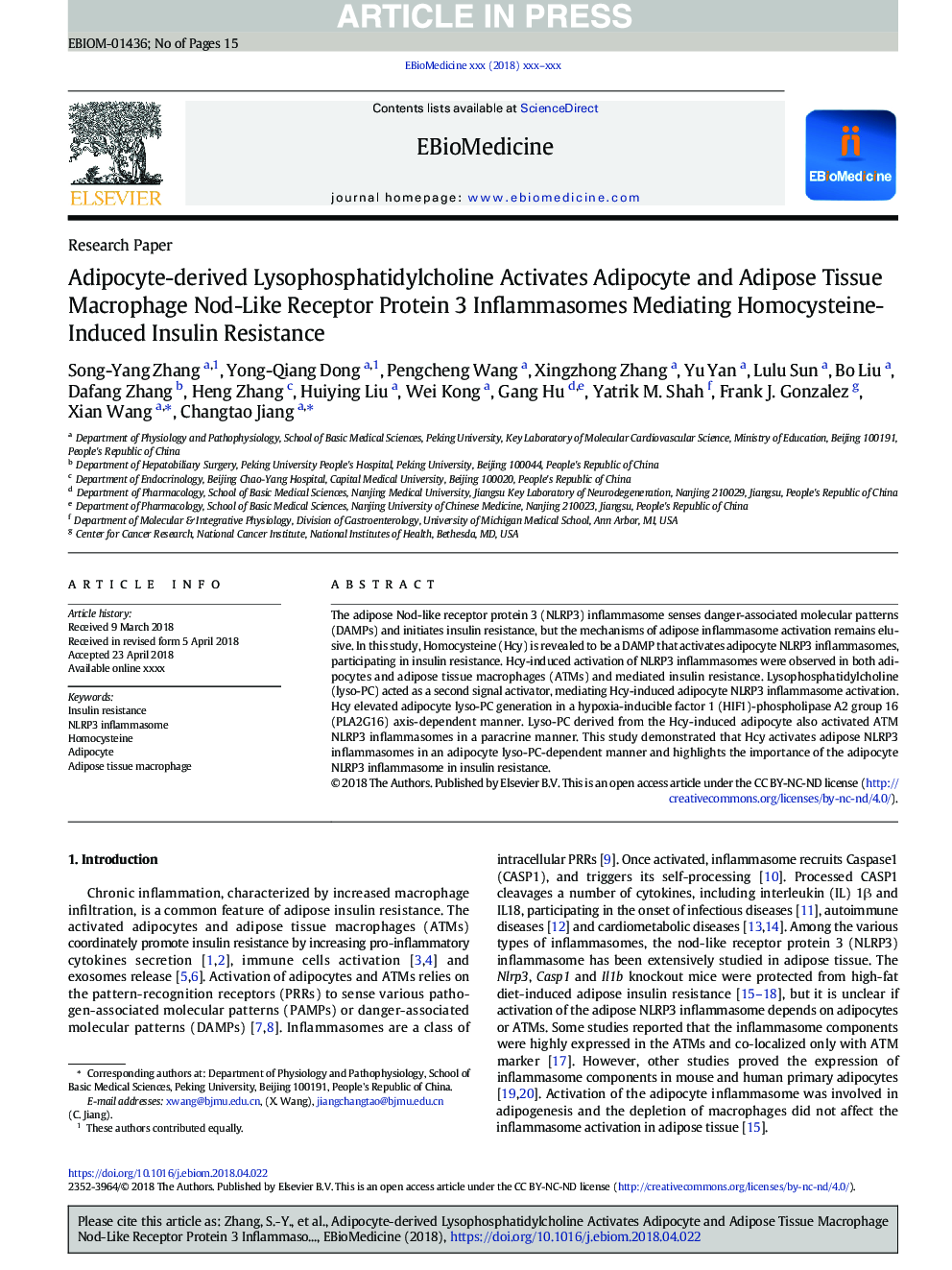 Adipocyte-derived Lysophosphatidylcholine Activates Adipocyte and Adipose Tissue Macrophage Nod-Like Receptor Protein 3 Inflammasomes Mediating Homocysteine-Induced Insulin Resistance