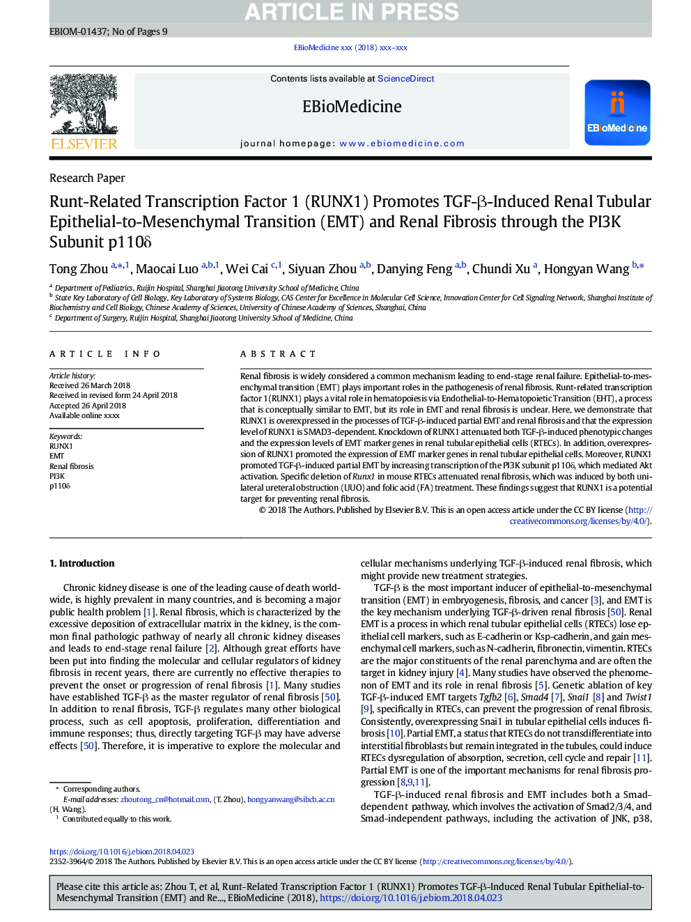 Runt-Related Transcription Factor 1 (RUNX1) Promotes TGF-Î²-Induced Renal Tubular Epithelial-to-Mesenchymal Transition (EMT) and Renal Fibrosis through the PI3K Subunit p110Î´