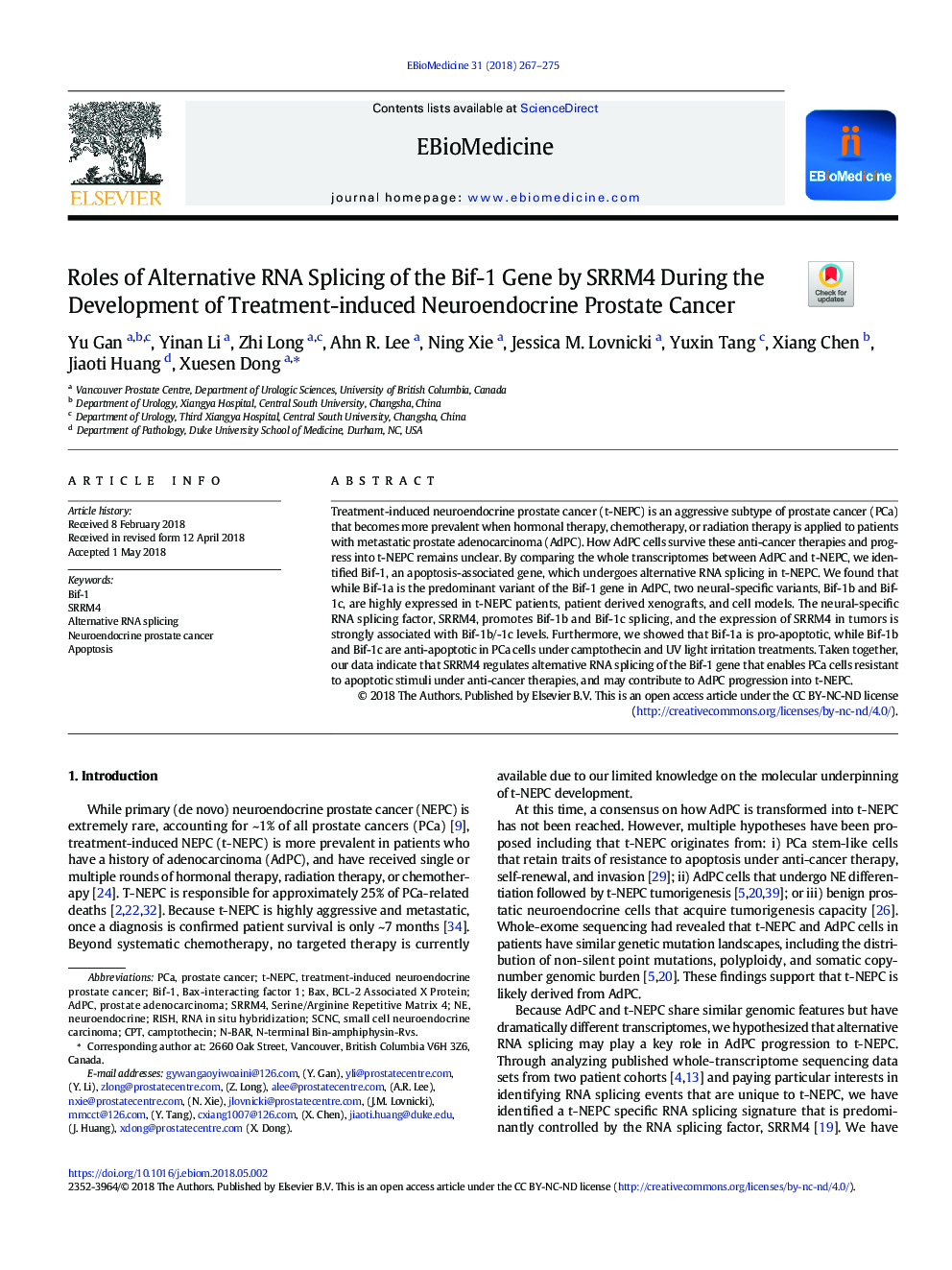 Roles of Alternative RNA Splicing of the Bif-1 Gene by SRRM4 During the Development of Treatment-induced Neuroendocrine Prostate Cancer