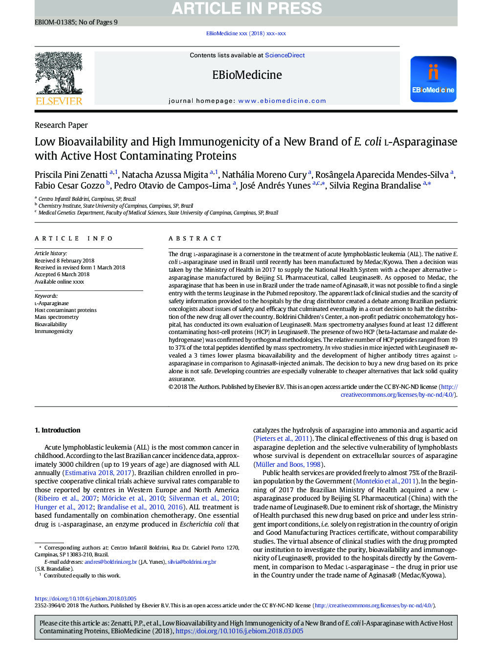 Low Bioavailability and High Immunogenicity of a New Brand of E. colil-Asparaginase with Active Host Contaminating Proteins