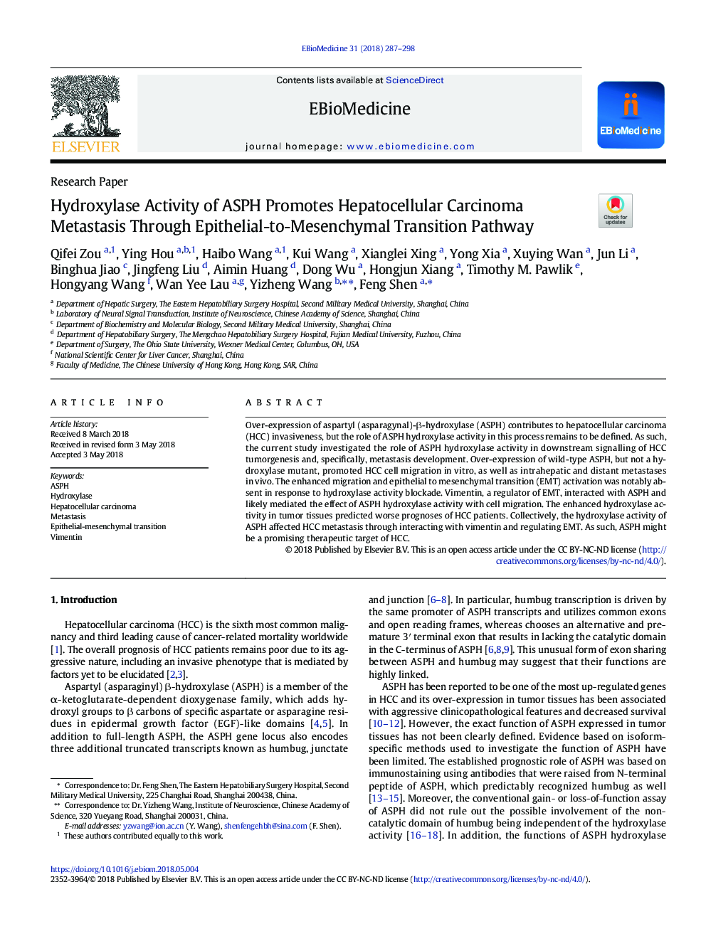 Hydroxylase Activity of ASPH Promotes Hepatocellular Carcinoma Metastasis Through Epithelial-to-Mesenchymal Transition Pathway