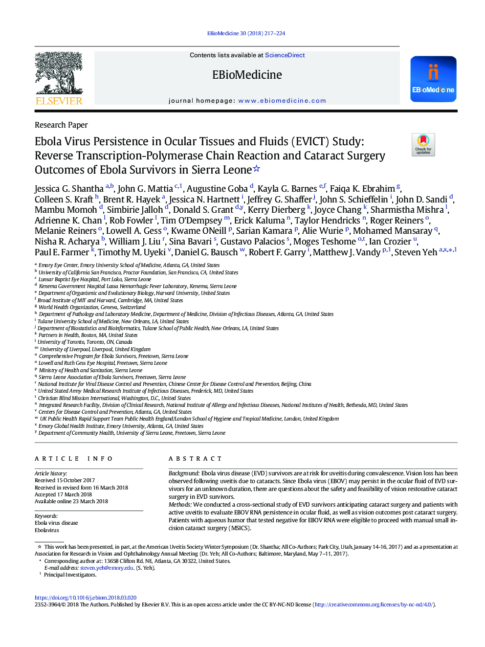 Ebola Virus Persistence in Ocular Tissues and Fluids (EVICT) Study: Reverse Transcription-Polymerase Chain Reaction and Cataract Surgery Outcomes of Ebola Survivors in Sierra Leone