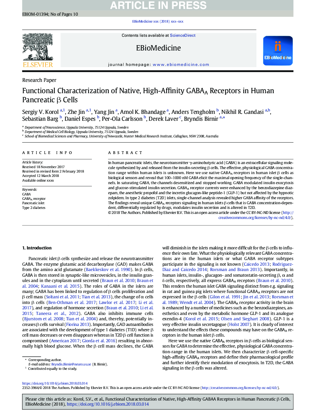 Functional Characterization of Native, High-Affinity GABAA Receptors in Human Pancreatic Î² Cells