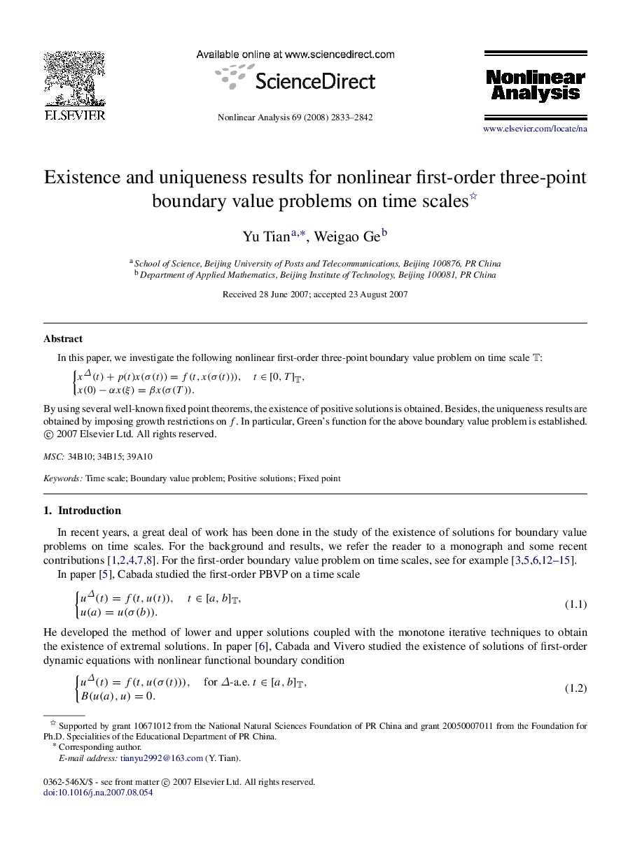 Existence and uniqueness results for nonlinear first-order three-point boundary value problems on time scales 