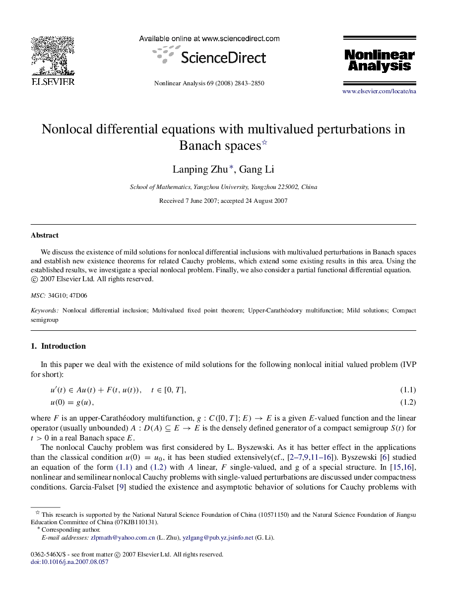 Nonlocal differential equations with multivalued perturbations in Banach spaces 
