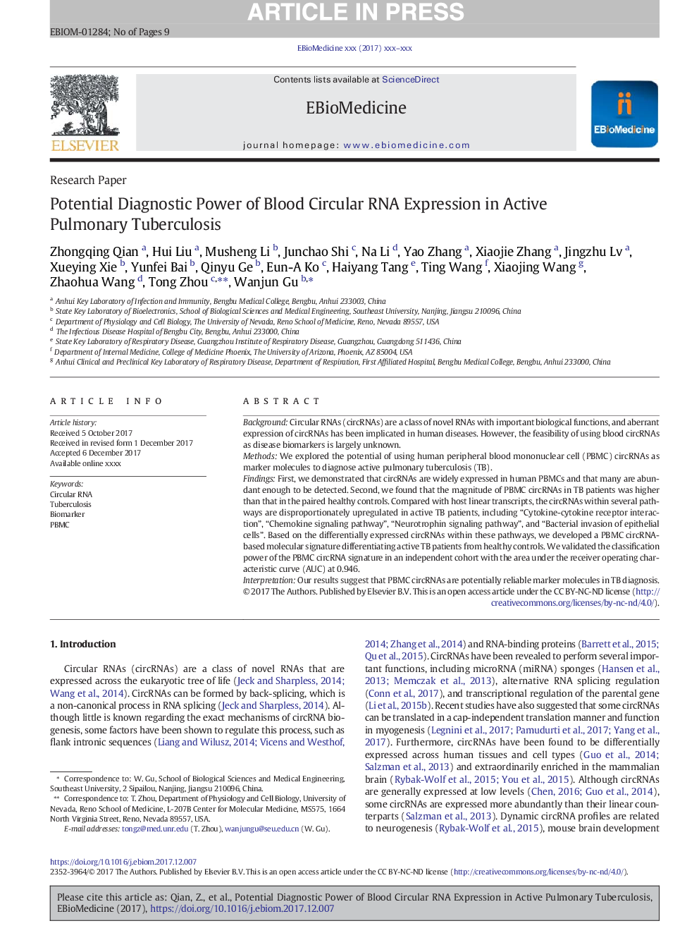 Potential Diagnostic Power of Blood Circular RNA Expression in Active Pulmonary Tuberculosis