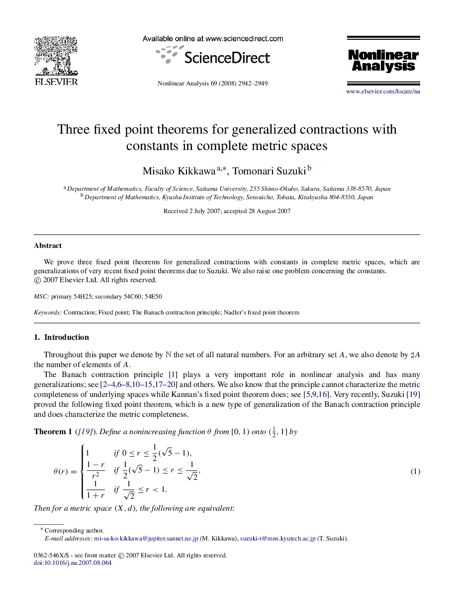 Three fixed point theorems for generalized contractions with constants in complete metric spaces