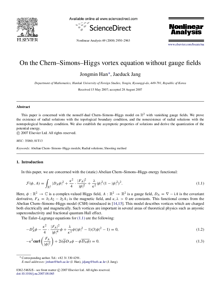 On the Chern–Simons–Higgs vortex equation without gauge fields