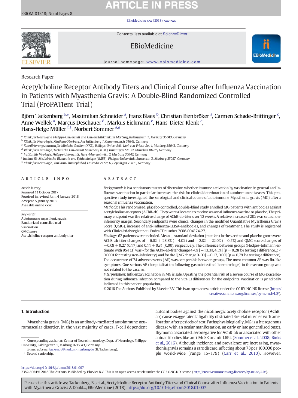 Acetylcholine Receptor Antibody Titers and Clinical Course after Influenza Vaccination in Patients with Myasthenia Gravis: A Double-Blind Randomized Controlled Trial (ProPATIent-Trial)