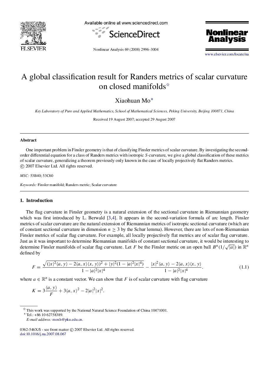 A global classification result for Randers metrics of scalar curvature on closed manifolds 