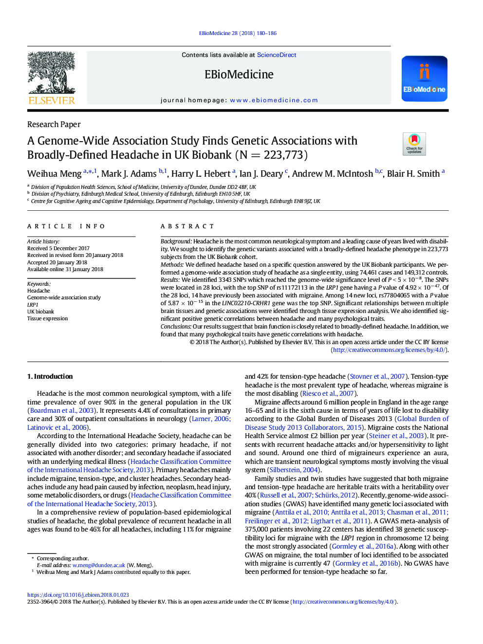 A Genome-Wide Association Study Finds Genetic Associations with Broadly-Defined Headache in UK Biobank (NÂ =Â 223,773)