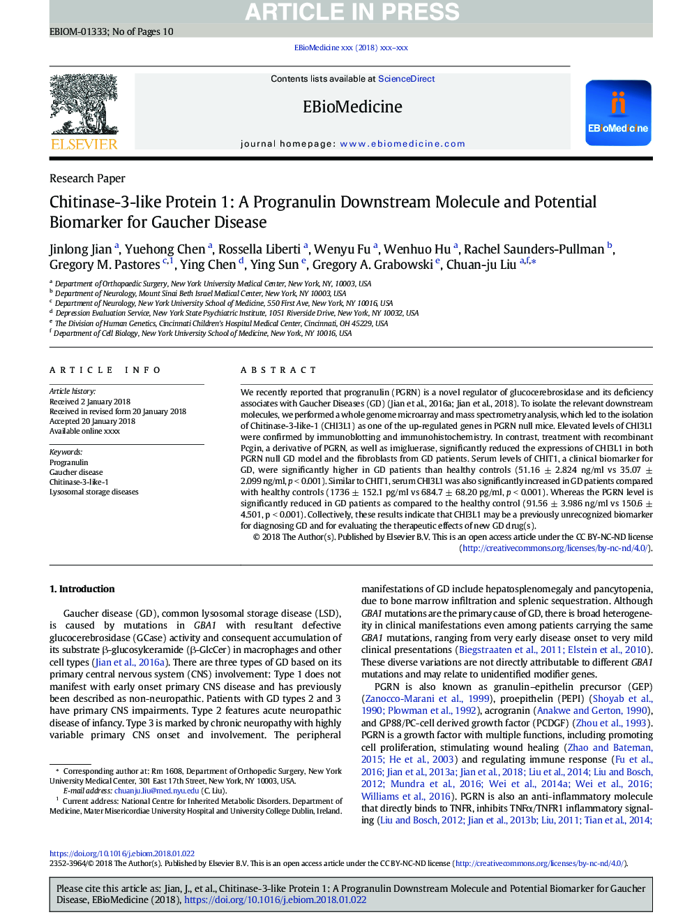 Chitinase-3-like Protein 1: A Progranulin Downstream Molecule and Potential Biomarker for Gaucher Disease