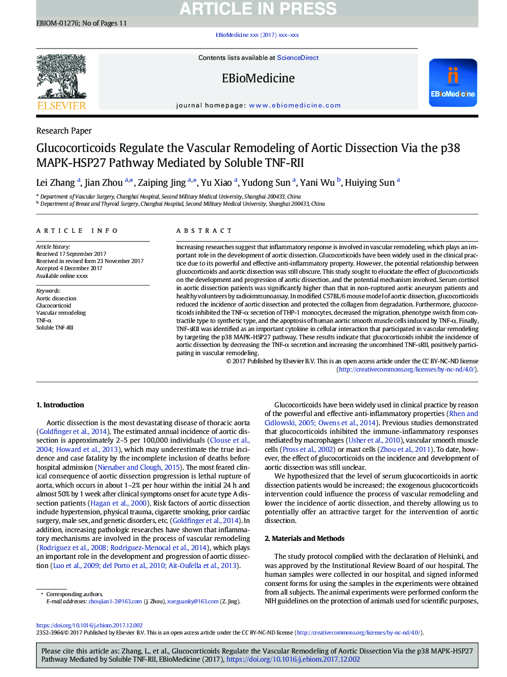 Glucocorticoids Regulate the Vascular Remodeling of Aortic Dissection Via the p38 MAPK-HSP27 Pathway Mediated by Soluble TNF-RII