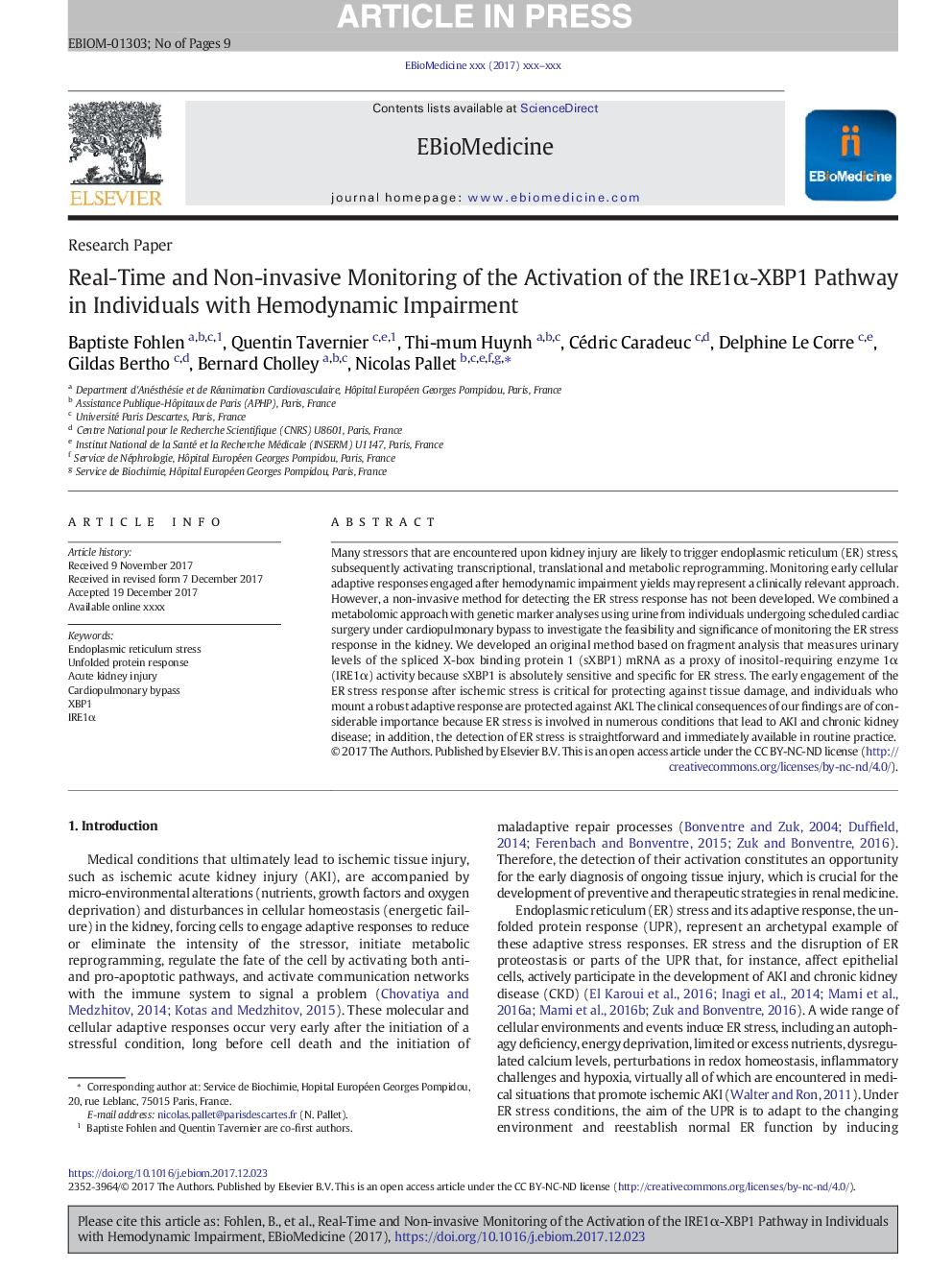 Real-Time and Non-invasive Monitoring of the Activation of the IRE1Î±-XBP1 Pathway in Individuals with Hemodynamic Impairment