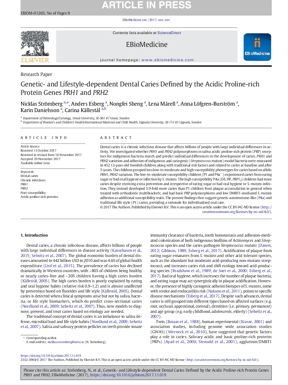 Genetic- and Lifestyle-dependent Dental Caries Defined by the Acidic Proline-rich Protein Genes PRH1 and PRH2