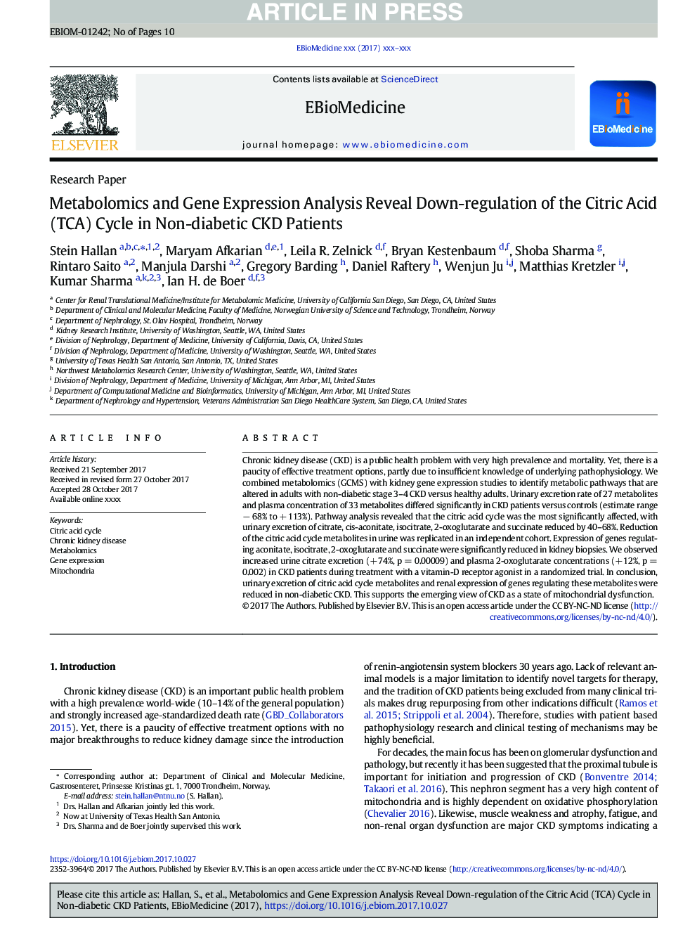 Metabolomics and Gene Expression Analysis Reveal Down-regulation of the Citric Acid (TCA) Cycle in Non-diabetic CKD Patients