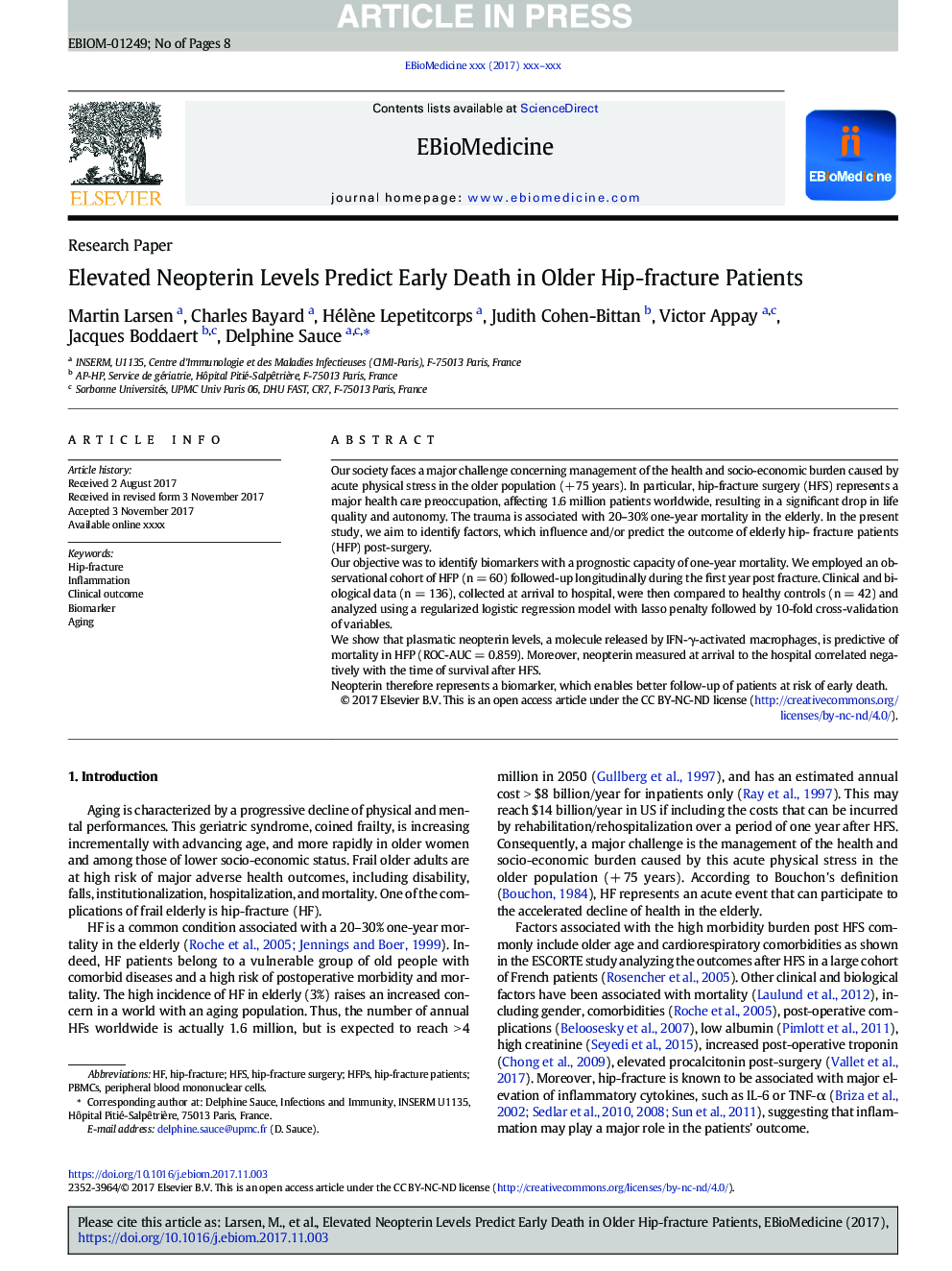 Elevated Neopterin Levels Predict Early Death in Older Hip-fracture Patients