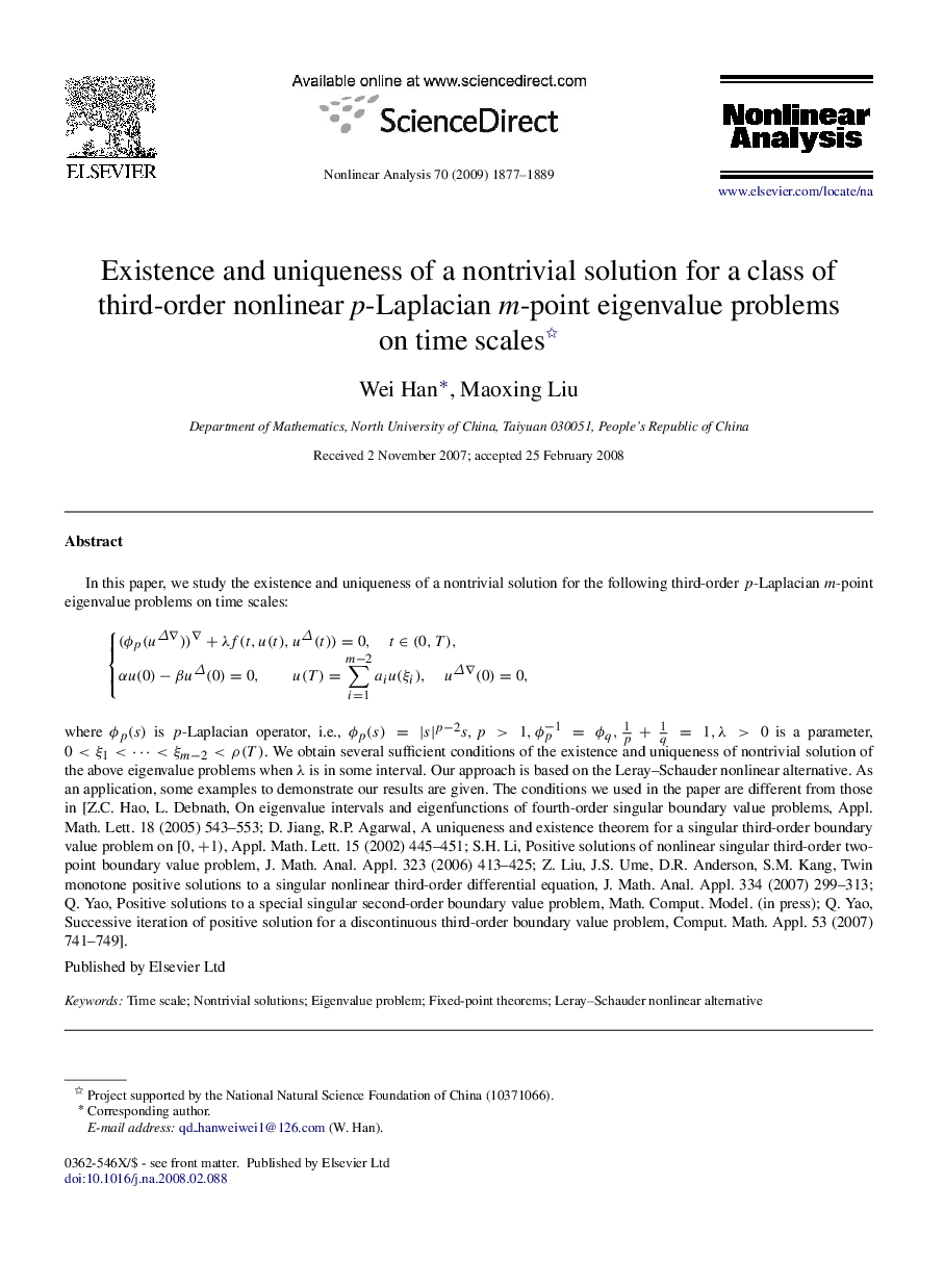 Existence and uniqueness of a nontrivial solution for a class of third-order nonlinear p -Laplacian m -point eigenvalue problems on time scales 