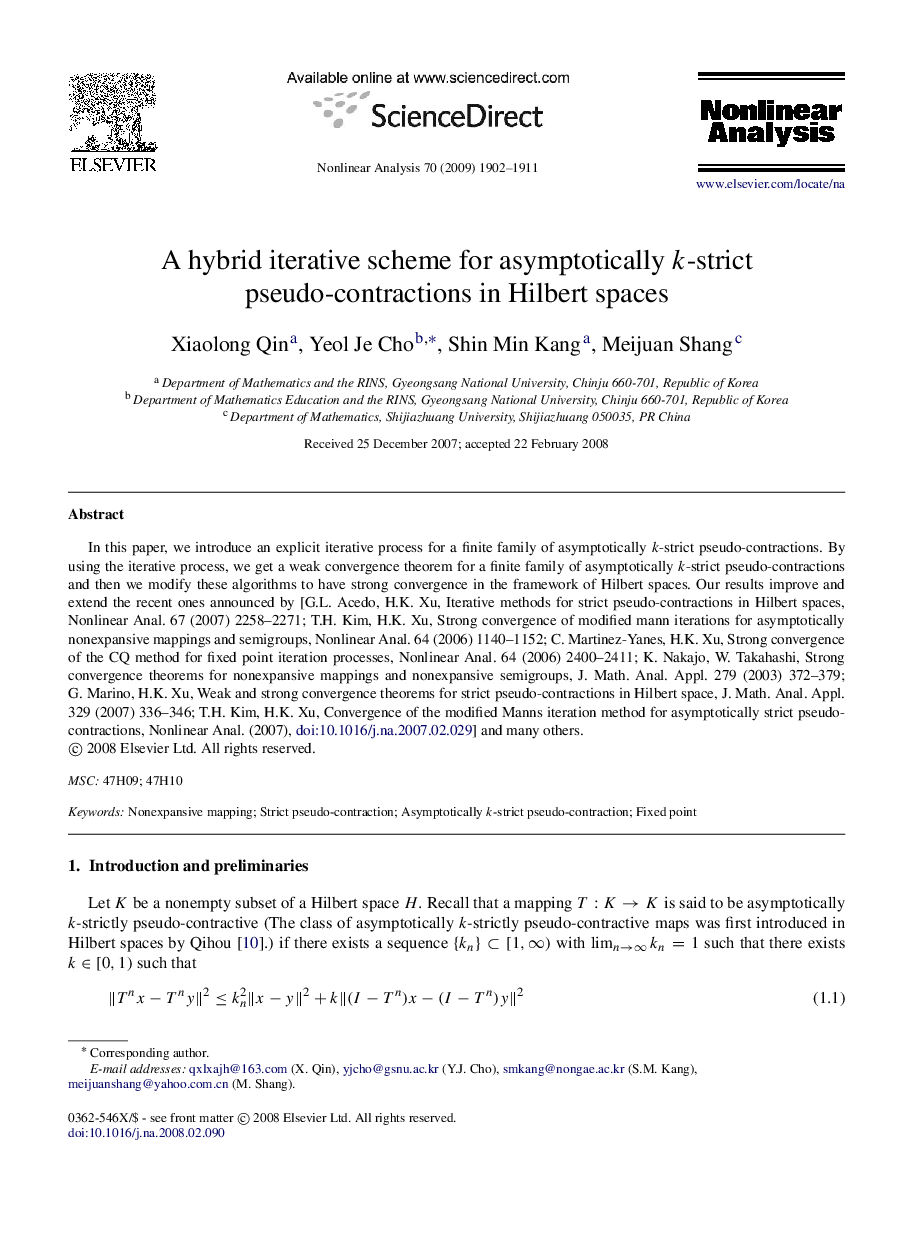 A hybrid iterative scheme for asymptotically kk-strict pseudo-contractions in Hilbert spaces