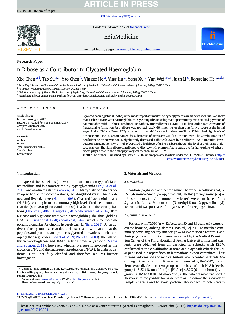 d-Ribose as a Contributor to Glycated Haemoglobin