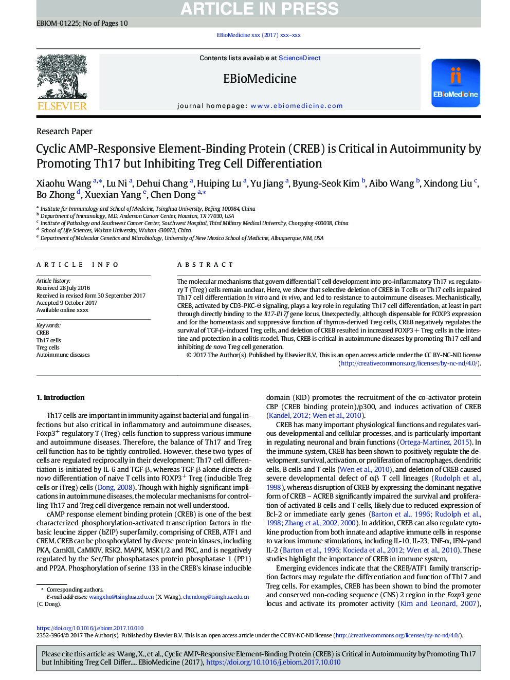 Cyclic AMP-Responsive Element-Binding Protein (CREB) is Critical in Autoimmunity by Promoting Th17 but Inhibiting Treg Cell Differentiation