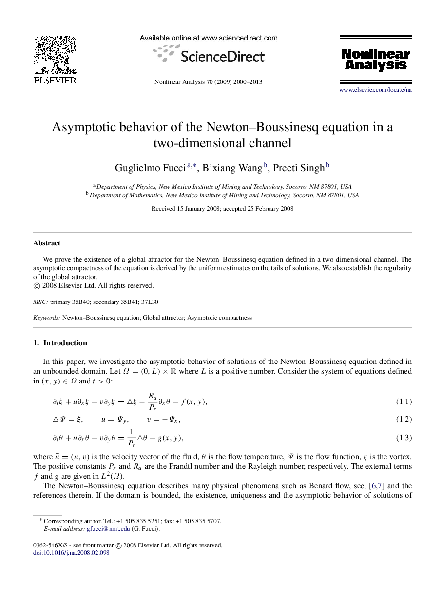 Asymptotic behavior of the Newton–Boussinesq equation in a two-dimensional channel