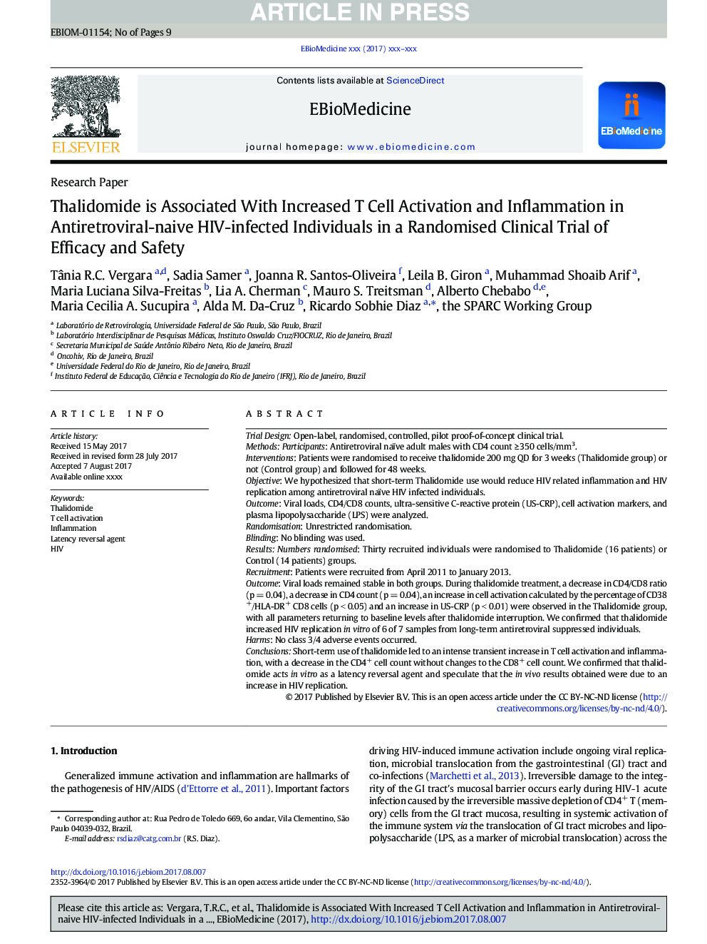 عکس صفحه اول مقاله: Thalidomide is Associated With Increased T Cell Activation and Inflammation in Antiretroviral-naive HIV-infected Individuals in a Randomised Clinical Trial of Efficacy and Safety Thalidomide is Associated With Increased T Cell Activation and Inflammation in Antiretroviral-naive HIV-infected Individuals in a Randomised Clinical Trial of Efficacy and Safety