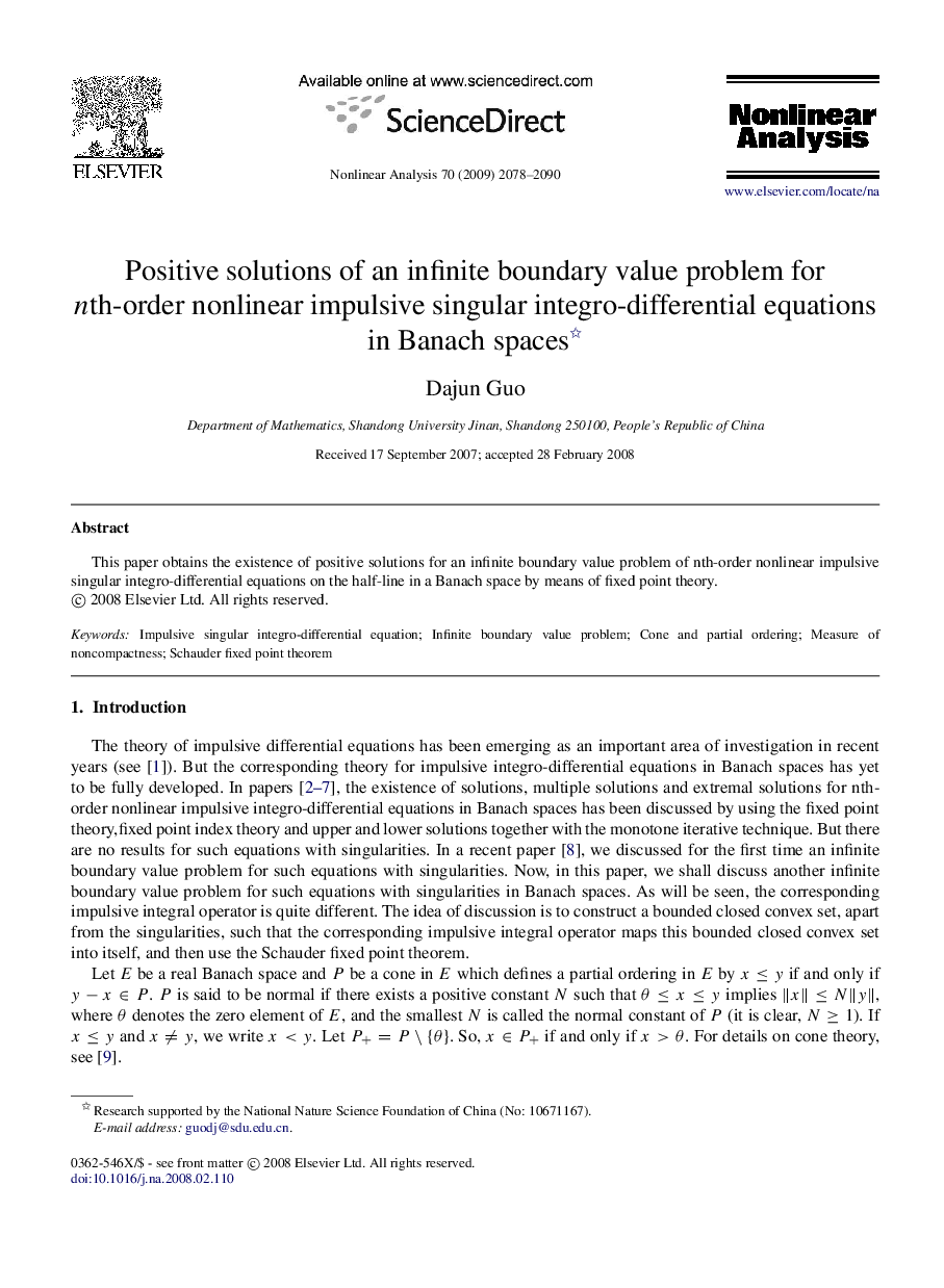 Positive solutions of an infinite boundary value problem for nnth-order nonlinear impulsive singular integro-differential equations in Banach spaces 