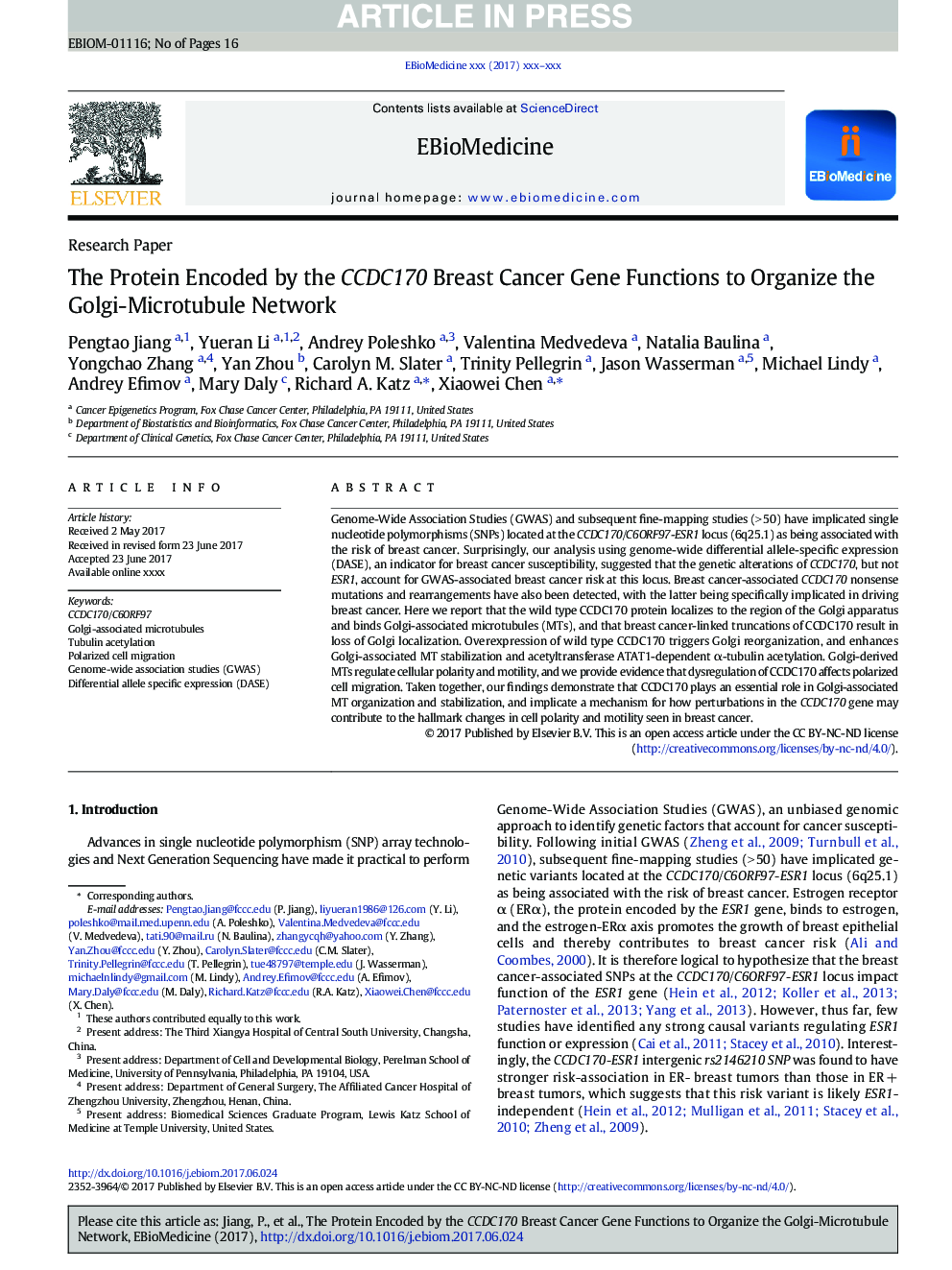 The Protein Encoded by the CCDC170 Breast Cancer Gene Functions to Organize the Golgi-Microtubule Network