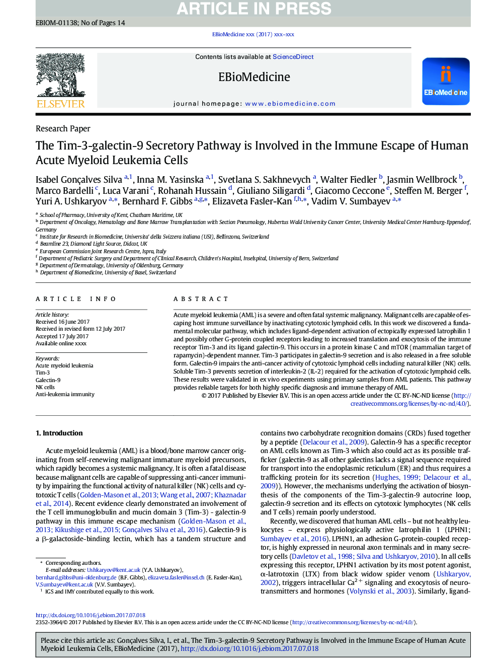 The Tim-3-galectin-9 Secretory Pathway is Involved in the Immune Escape of Human Acute Myeloid Leukemia Cells