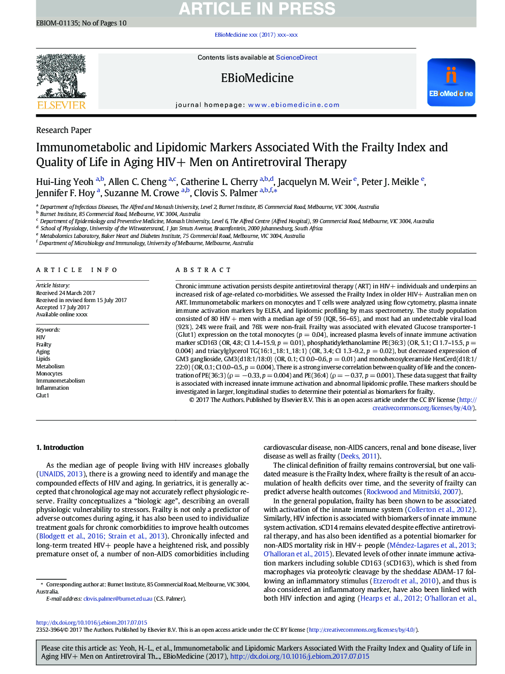 Immunometabolic and Lipidomic Markers Associated With the Frailty Index and Quality of Life in Aging HIV+ Men on Antiretroviral Therapy