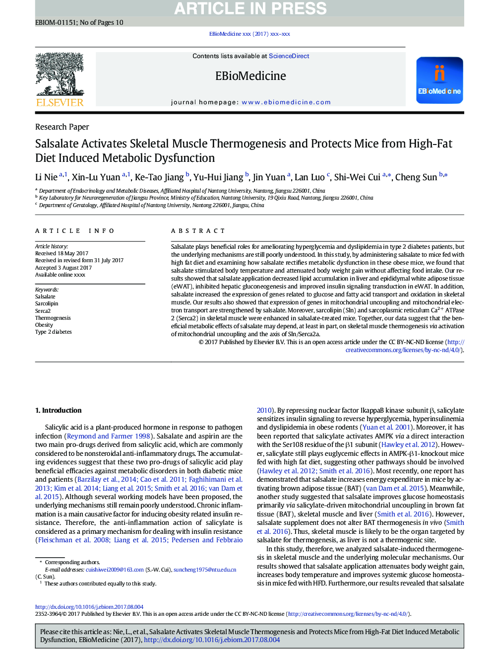 Salsalate Activates Skeletal Muscle Thermogenesis and Protects Mice from High-Fat Diet Induced Metabolic Dysfunction