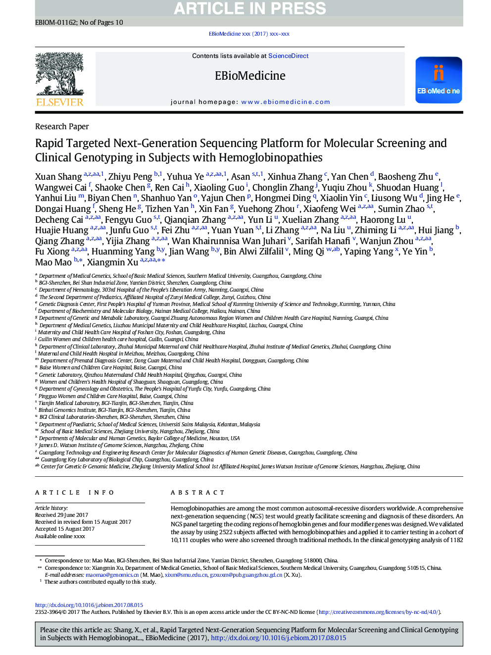 Rapid Targeted Next-Generation Sequencing Platform for Molecular Screening and Clinical Genotyping in Subjects with Hemoglobinopathies