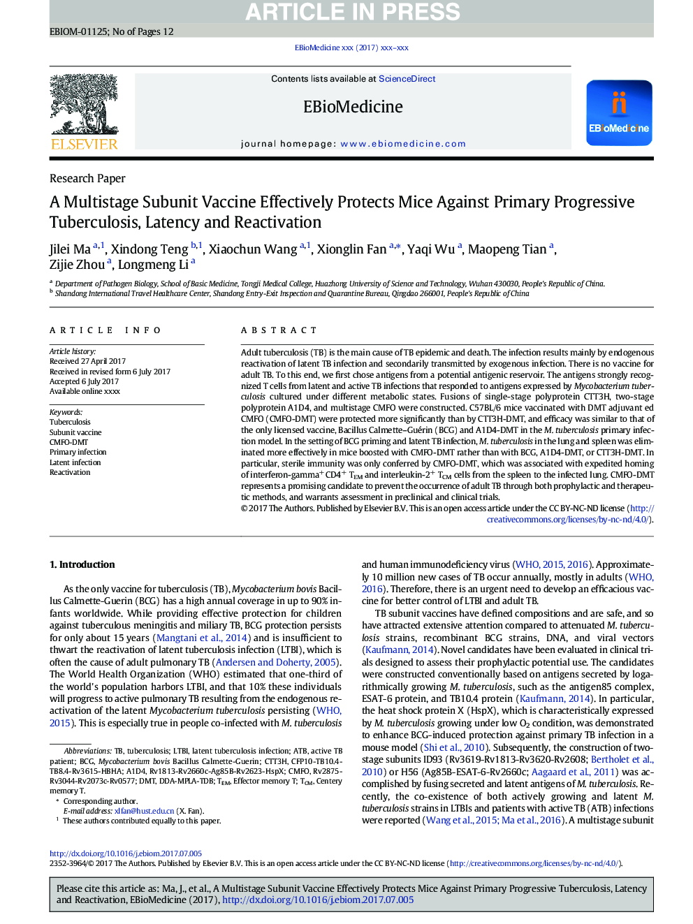 A Multistage Subunit Vaccine Effectively Protects Mice Against Primary Progressive Tuberculosis, Latency and Reactivation