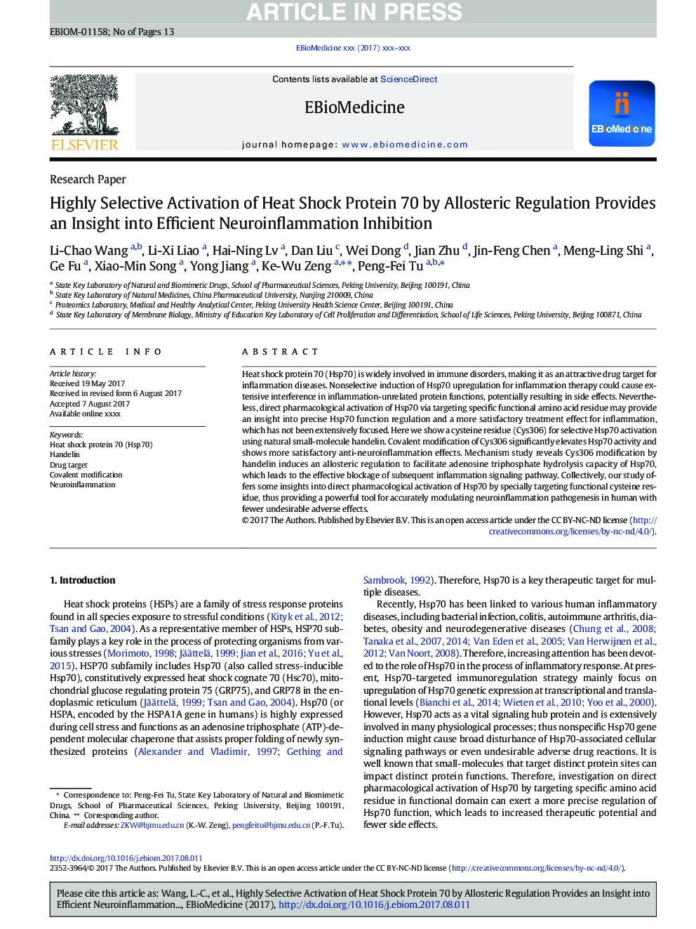 Highly Selective Activation of Heat Shock Protein 70 by Allosteric Regulation Provides an Insight into Efficient Neuroinflammation Inhibition