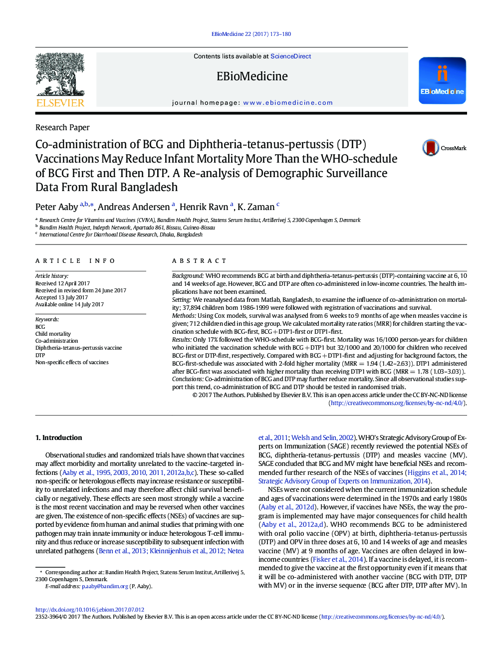 Co-administration of BCG and Diphtheria-tetanus-pertussis (DTP) Vaccinations May Reduce Infant Mortality More Than the WHO-schedule of BCG First and Then DTP. A Re-analysis of Demographic Surveillance Data From Rural Bangladesh