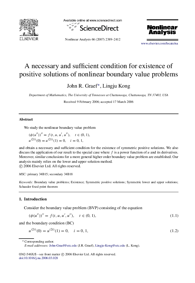 A necessary and sufficient condition for existence of positive solutions of nonlinear boundary value problems