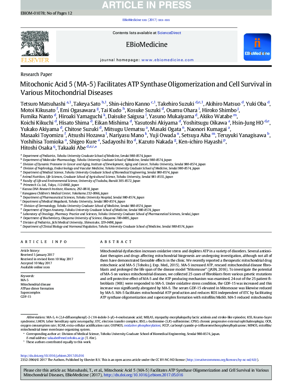 Mitochonic Acid 5 (MA-5) Facilitates ATP Synthase Oligomerization and Cell Survival in Various Mitochondrial Diseases