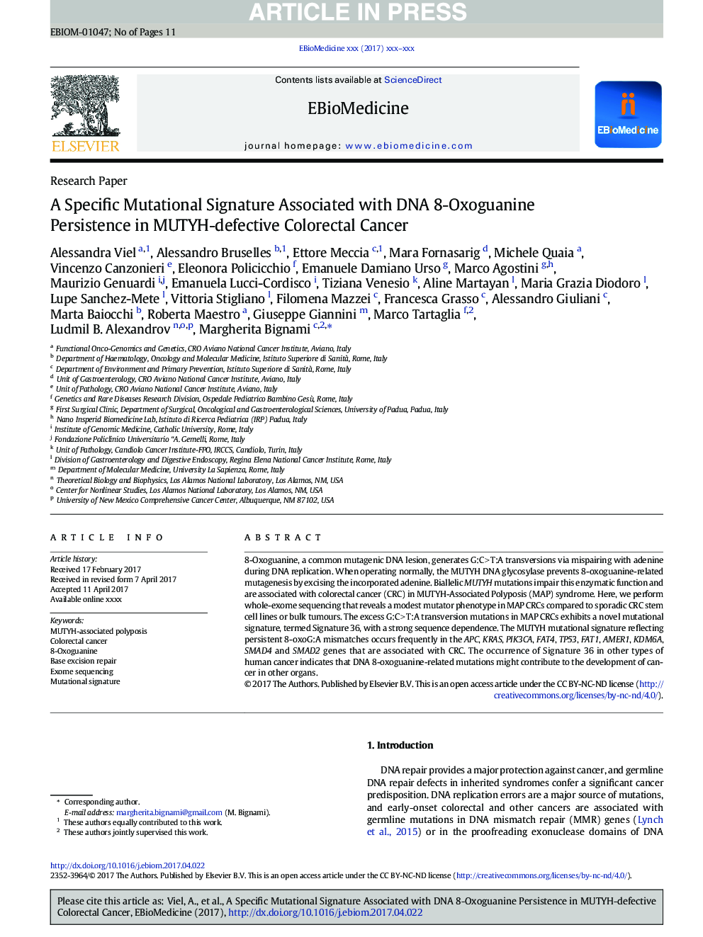 A Specific Mutational Signature Associated with DNA 8-Oxoguanine Persistence in MUTYH-defective Colorectal Cancer