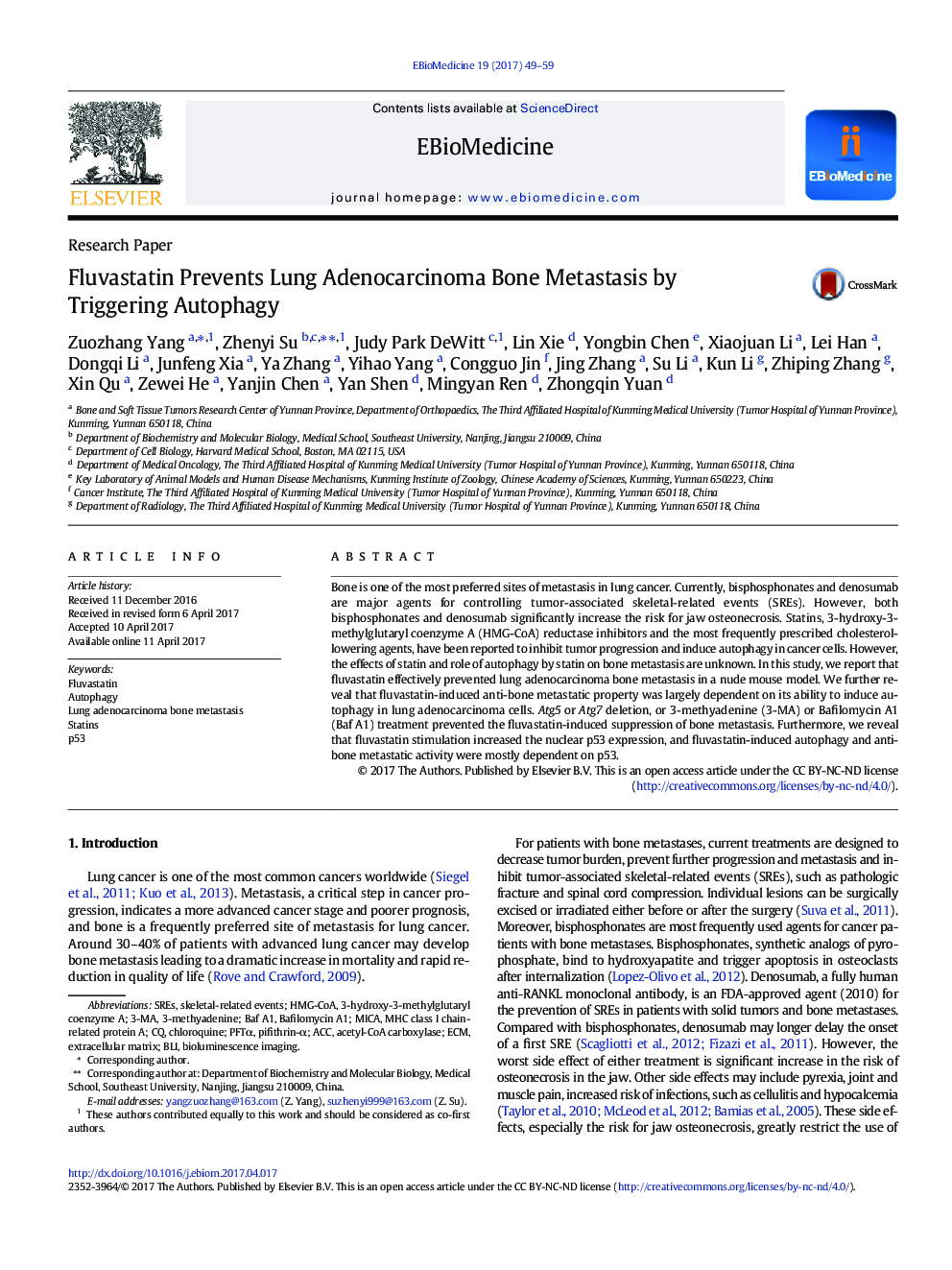 Fluvastatin Prevents Lung Adenocarcinoma Bone Metastasis by Triggering Autophagy