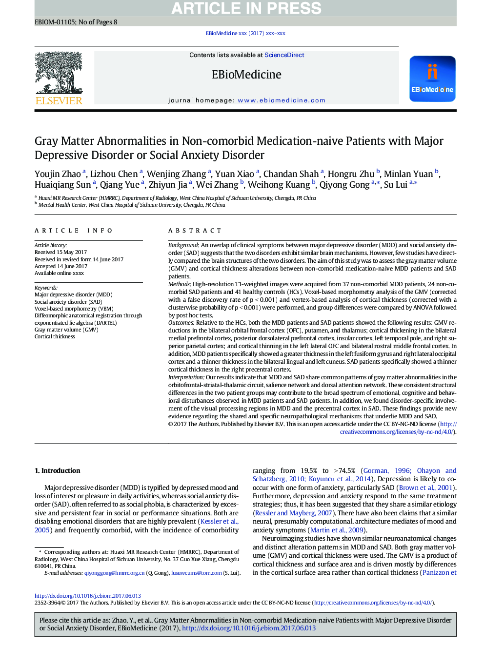 Gray Matter Abnormalities in Non-comorbid Medication-naive Patients with Major Depressive Disorder or Social Anxiety Disorder