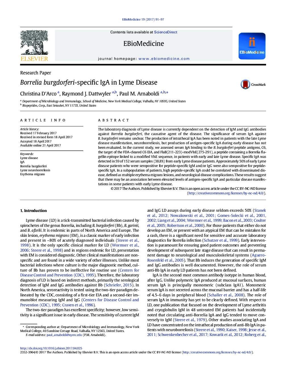 Borrelia burgdorferi-specific IgA in Lyme Disease