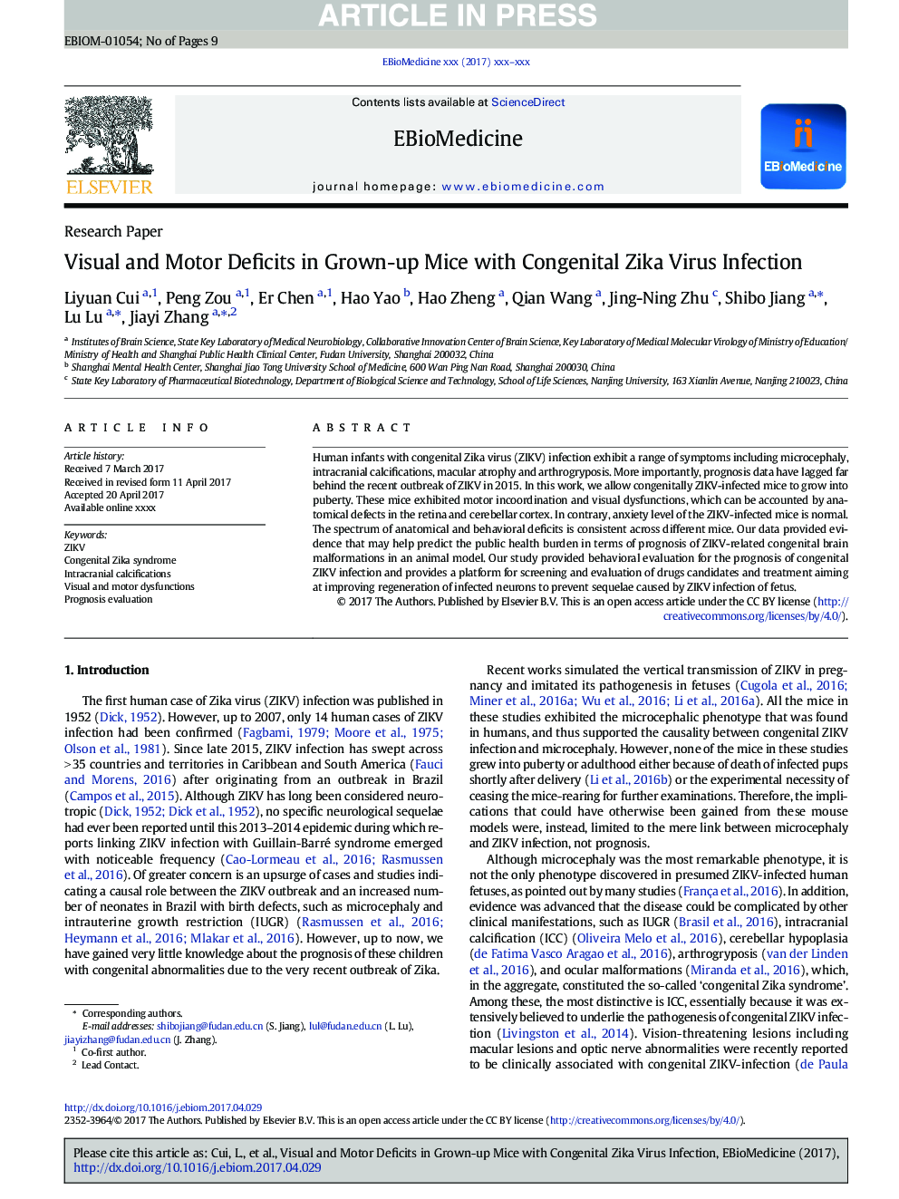 Visual and Motor Deficits in Grown-up Mice with Congenital Zika Virus Infection